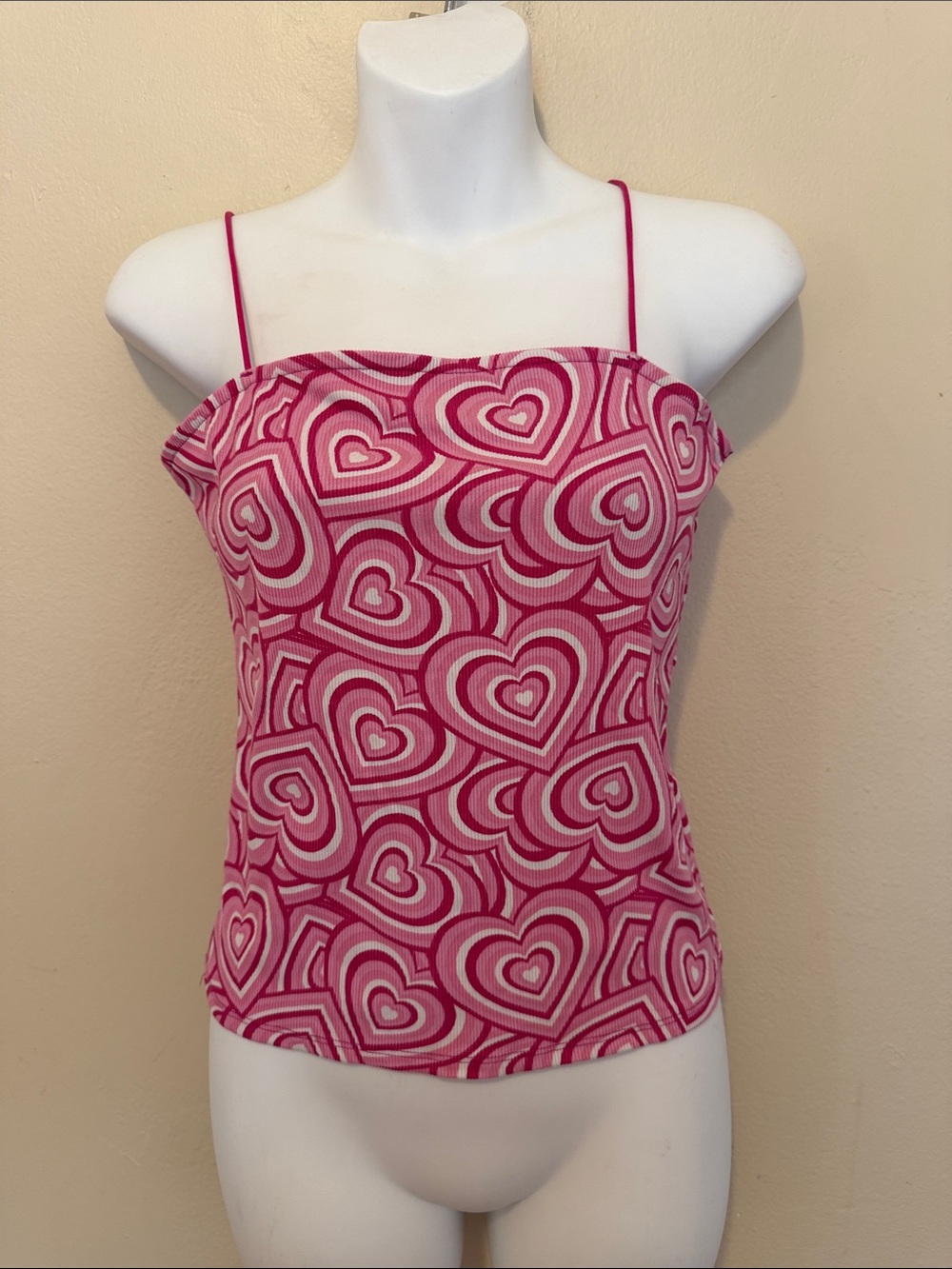 Women's Pink Heart-Print Spaghetti Strap Tank Top